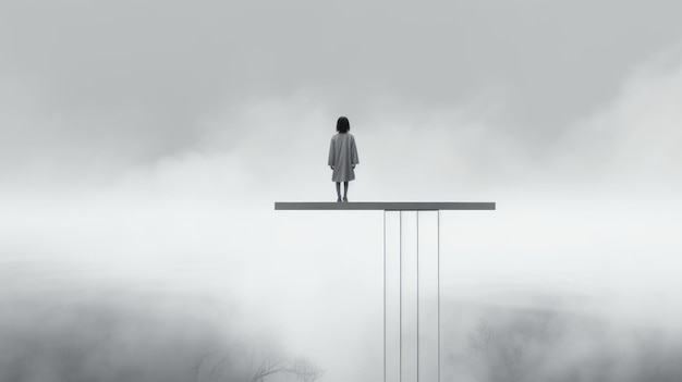 Photo minimalist conceptualism dark girl on wooden platform in fog