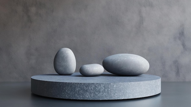 Photo minimalist concrete product display podium with three round stones