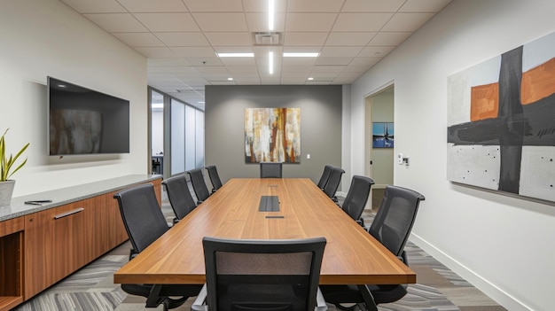 A minimalist conference room with a large wooden table and comfortable black chairs simple artwork