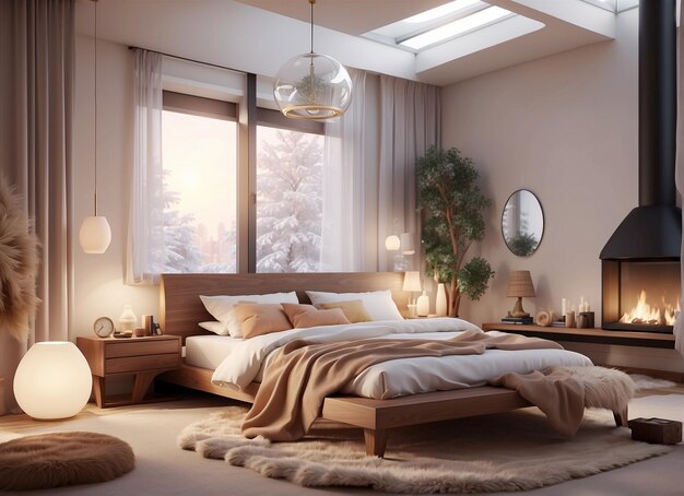 Minimalist Cozy Bedroom with Fireplace in Winter