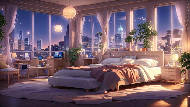 Minimalist Cozy Bedroom with Nighttime Cityscape