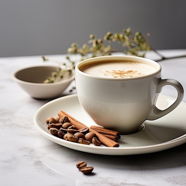 Minimalist a Cup of coffee with coffee beans and cinnamon on a white background empty space