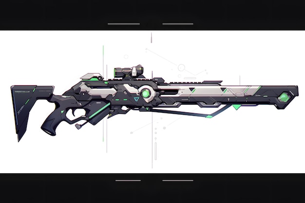 Minimalist cyberpunk style scifi sniper rifle with black color on white background