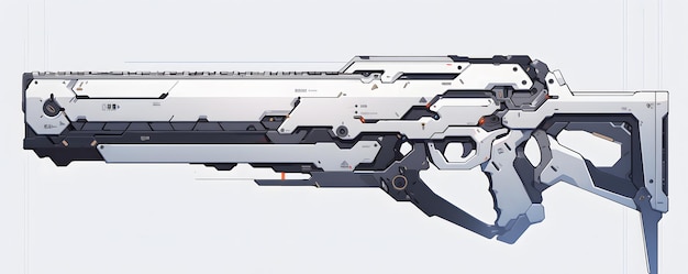 백색 배경에 미니멀한 사이버 크 스타일의 은색 과학 소설 소총