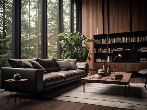 Minimalist dark wood living room with clean lines AI Generative