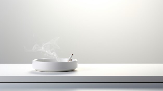 Minimalist depiction of a single extinguished cigarette with ash in a stark white ashtray on a pure background