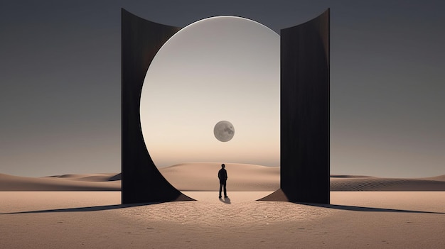 Minimalist Desert Stage With Sphere And Moon