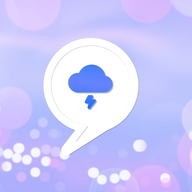 Minimalist design of a cloud with a lightning bolt inside a speech bubble on a purple background