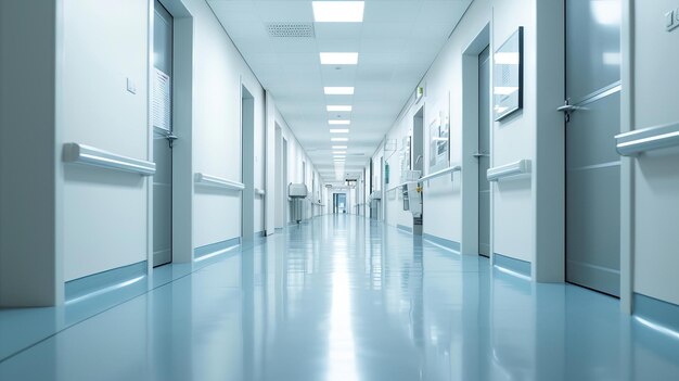 A minimalist design of a hospital corridor with strategic blur to emphasize the medical equipment and signage modern and sleek Created Using minimalist design strategic blur AI Generative