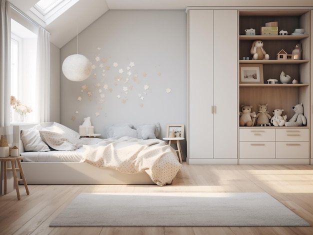 Minimalist design in a white child room AI Generation