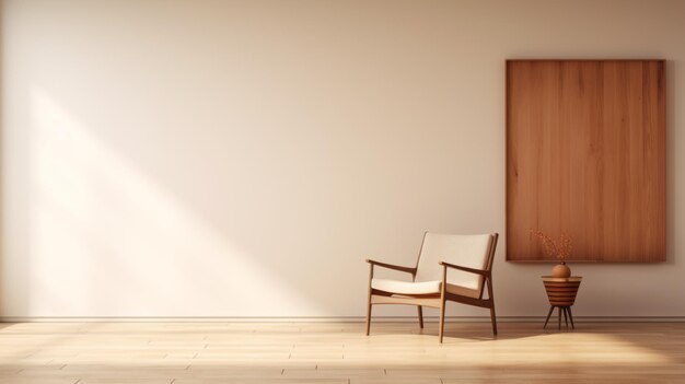minimalist designs empty room with chair and wood wall in light bronze and beige