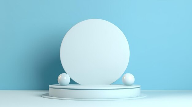 Photo minimalist desk podium with luminous spheres on pastel blue background
