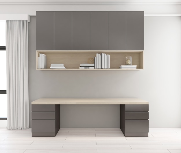 붙박이장과 회색 벽, 나무 바닥이 있는 미니멀한 책상. 3d 렌더링