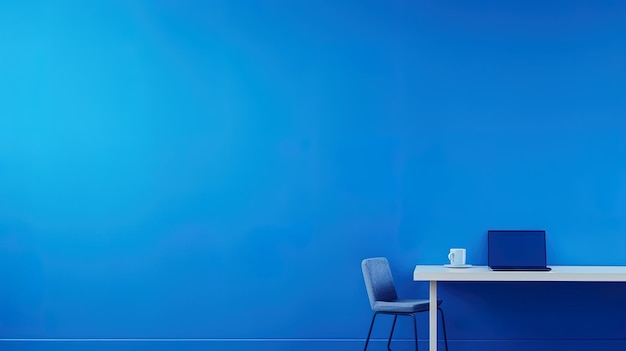 Minimalist desk with a laptop and coffee on a blue wall AI generative
