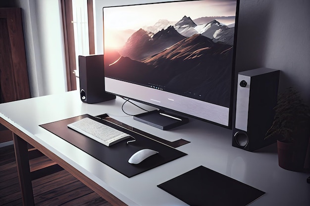 A minimalist desk with a sleek computer monitor and keyboard