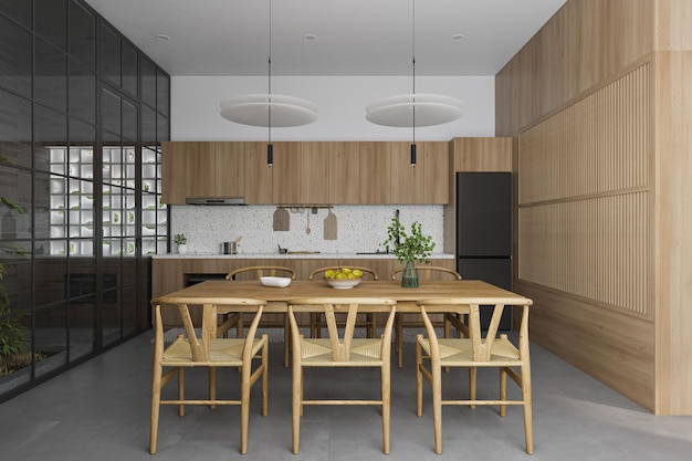 Photo minimalist dining cum open kitchen interior design with wooden furniture home decor