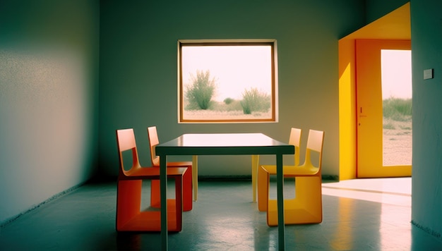 Minimalist dining room with clean interior design concept with orange and yellows chairs