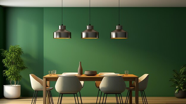 Photo minimalist dining room with green wall background