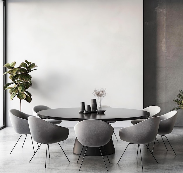 Minimalist dining room with grey chairs and table white wall interior mockup template for wall art