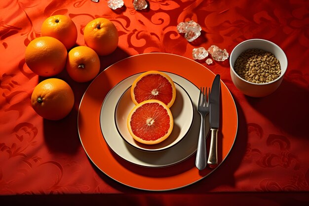 Minimalist dining scene orange plate on clean white table