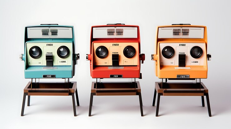 Photo a minimalist display of three vintage polaroid cameras in a clean retro design each with distinct color panels evoking a sense of nostalgia and classic photography