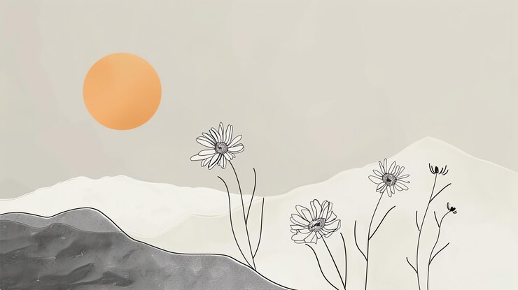 Photo a minimalist drawing of a landscape with mountains flowers and a sun in the background