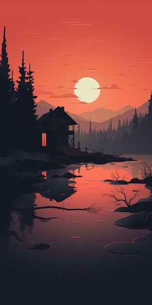 Minimalist Dusk Illustration Of House In Forest By Lake