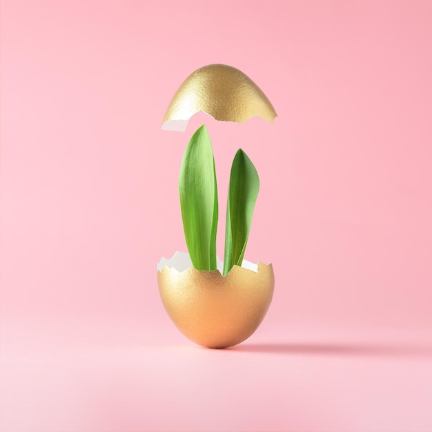 Composizione minimalista di pasqua su sfondo rosa le orecchie del coniglietto di pasqua sporgono da un uovo d'oro rotto