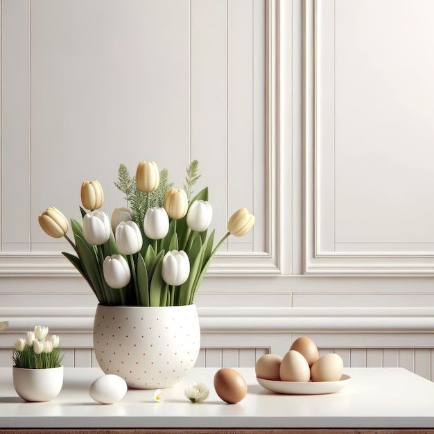 Minimalist easter decor with tulips and earthtone eggs background