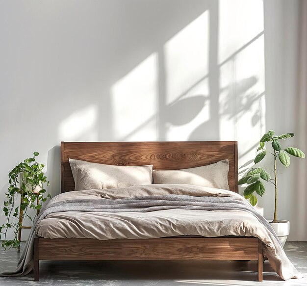 Foto minimalista eco design camera da letto con letto in legno di noce e piante modello di interior mockup per l'arte murale