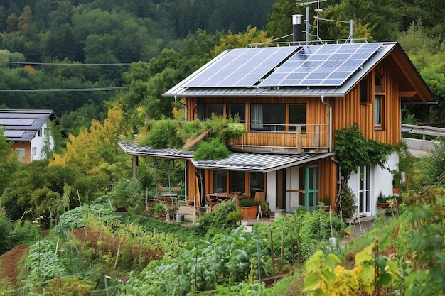 Foto una casa ecologica minimalista con pannelli solari e un giardino vegetale moderna casa ecologica con pannelli solare e verde generata da ai