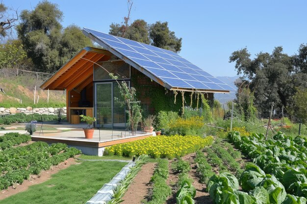 Photo a minimalist ecofriendly home with solar panels and a vegetable garden