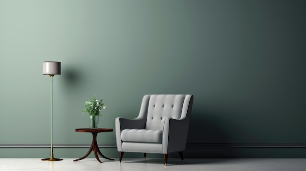 Minimalist and Elegant Living Room with Gray Armchair and Green Wall