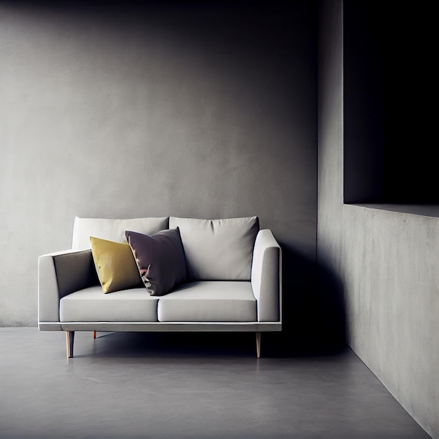 Minimalist elegant sofa or couch with empty concrete wall\
background with copy space