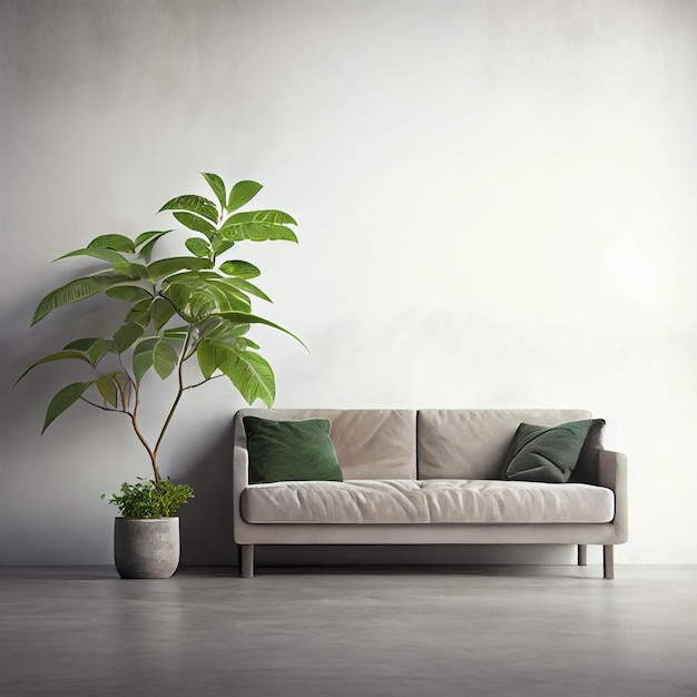 Minimalist elegant sofa or couch with plant and empty concrete\
wall background