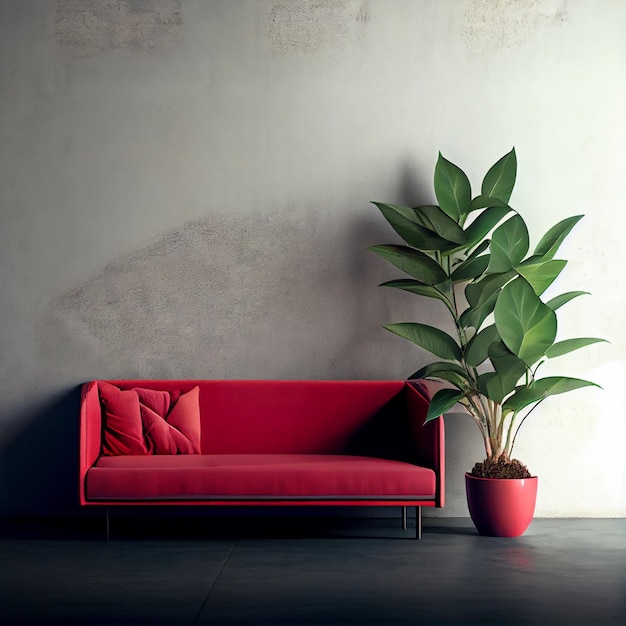 Minimalist elegant sofa or couch with plant and empty concrete
wall background