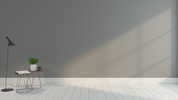 Minimalist empty room with gray wall and floor lamp side table 3D rendering