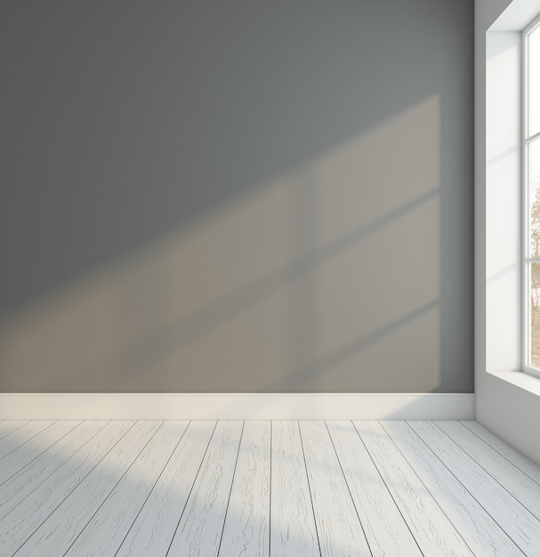 Stanza vuota minimalista con muro grigio e pavimento in legno bianco rendering 3d