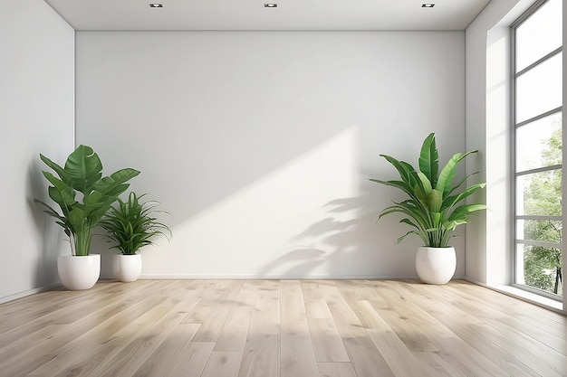 Minimalist empty room with white wall and wooden floor and indoor green plants 3d rendering