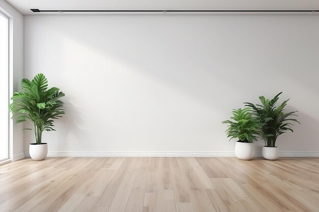 Minimalist empty room with white wall and wooden floor and indoor green plants 3d