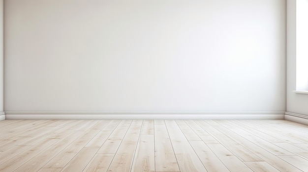 minimalist empty room with white wall and wooden floor