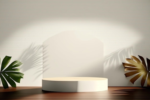 Minimalist empty round wooden podium product showcase display with tropical plants Generated AI