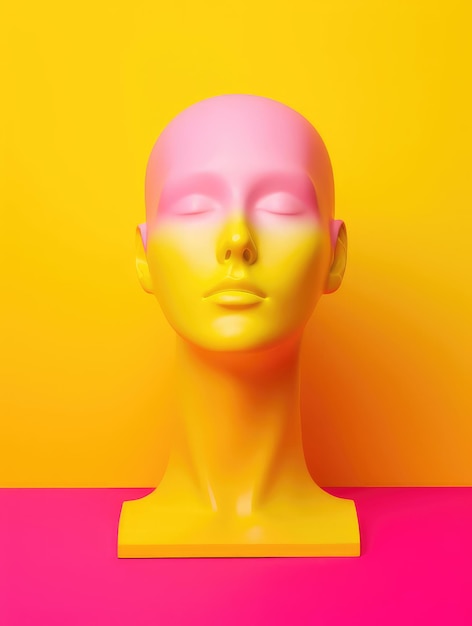 Minimalist female mannequin head on a bright yellow and pink background