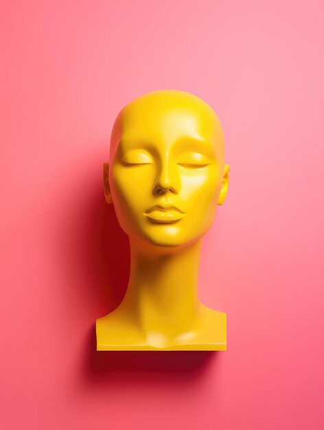 Minimalist female mannequin head on a bright yellow and pink background