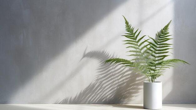 Photo minimalist fern plant stands in upright vase with soft shadow