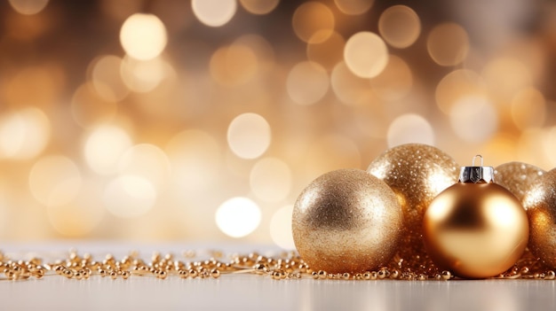 A minimalist yet festive background with gold ornaments and a blurred bokeh effect