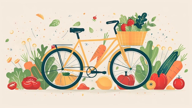 Minimalist Flat Illustration of Bicycle with Basket of Fresh Vegetables