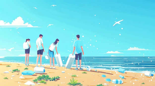 Minimalist Flat Illustration of Clean Beach with Volunteers for Marine Conservation