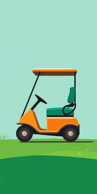 Foto carrello da golf arancione in stile piatto minimalista su erba verde