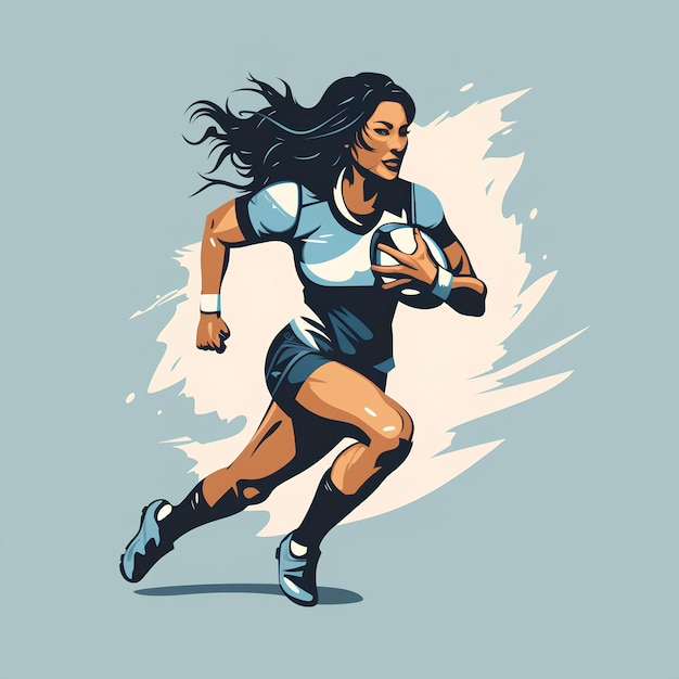 minimalist flat vector illustration style of an athletic female playing football rugby sports